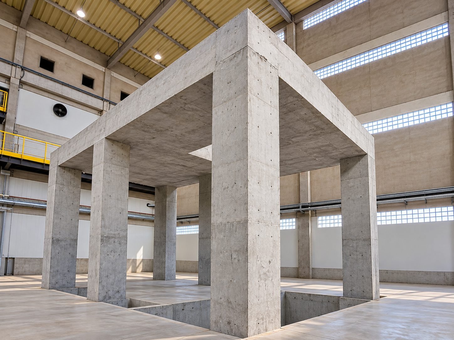 Base de turbogerador em concreto aparente dentro de galpão industrial