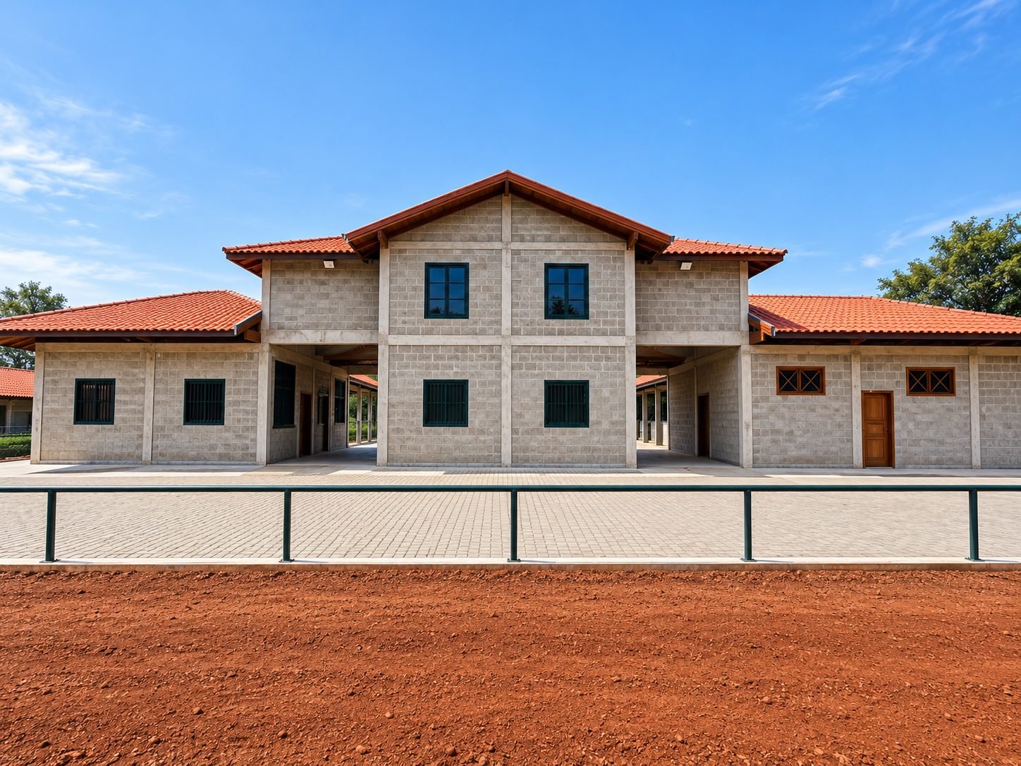 Fachada da sede do Haras Agromen com telhado cerâmico