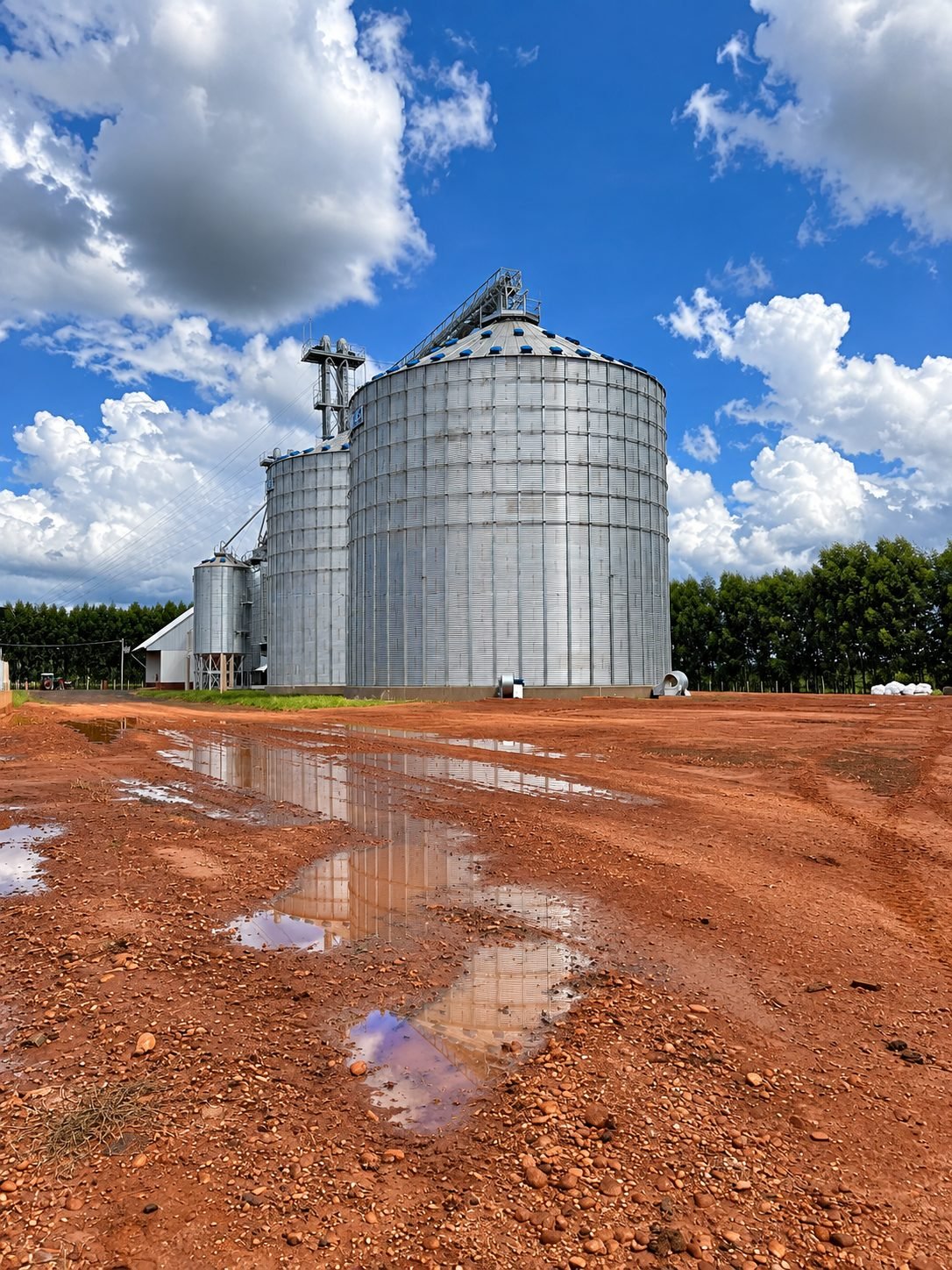 Silos metálicos de armazenamento de grãos sob céu azul